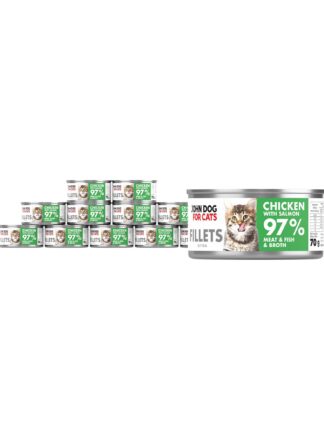 12 srebrnych puszek karmy dla kociąt John Dog for Cats Fillets 70 g z białymi etykietami. Na etykietach widoczny bury kociak oraz napis na zielonym tle „Chicken with salmon 97% Meat & Fish & Broth”.