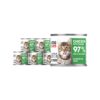 6 srebrnych puszek karmy dla kociąt John Dog for Cats Fillets 140 g białymi etykietami. Na etykietach widoczny bury kociak oraz napis na zielonym tle „Chicken with salmon 97% Meat & Fish & Broth”.
