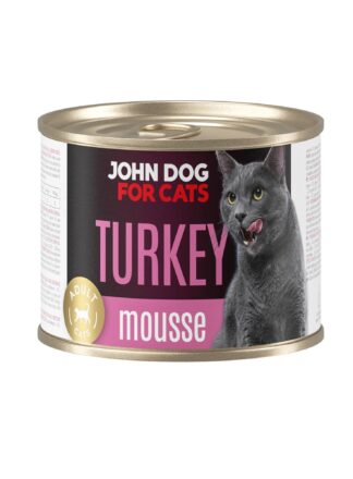 Karma mokra dla kota z indykiem w ciemnej puszce 200 g John Dog for Cats. Na etykiecie jest czarny kot, złote kółeczko oraz białe i różowe napisy.