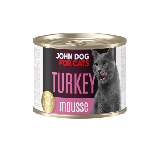 Karma mokra dla kota z indykiem w ciemnej puszce 200 g John Dog for Cats. Na etykiecie jest czarny kot, złote kółeczko oraz białe i różowe napisy.