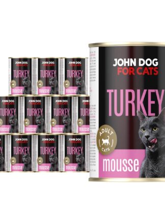 Karma mokra dla kota z indykiem w dwunastu ciemnych puszkach 400 g John Dog for Cats. Na etykietach jest czarny kot, złote kółeczko oraz białe i różowe napisy.