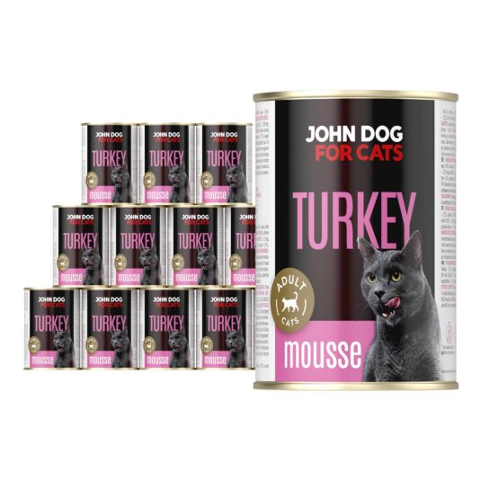 Karma mokra dla kota z indykiem w dwunastu ciemnych puszkach 400 g John Dog for Cats. Na etykietach jest czarny kot, złote kółeczko oraz białe i różowe napisy.