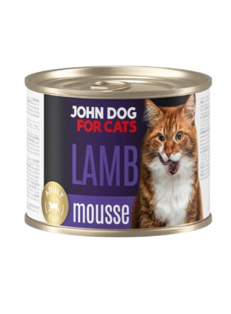 Karma mokra dla kota z jagnięciną w ciemnej puszce 200 g John Dog for Cats. Na etykiecie jest rudy kot, złote kółeczko oraz białe i granatowe napisy.
