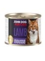 Karma mokra dla kota z jagnięciną w ciemnej puszce 200 g John Dog for Cats. Na etykiecie jest rudy kot, złote kółeczko oraz białe i granatowe napisy.