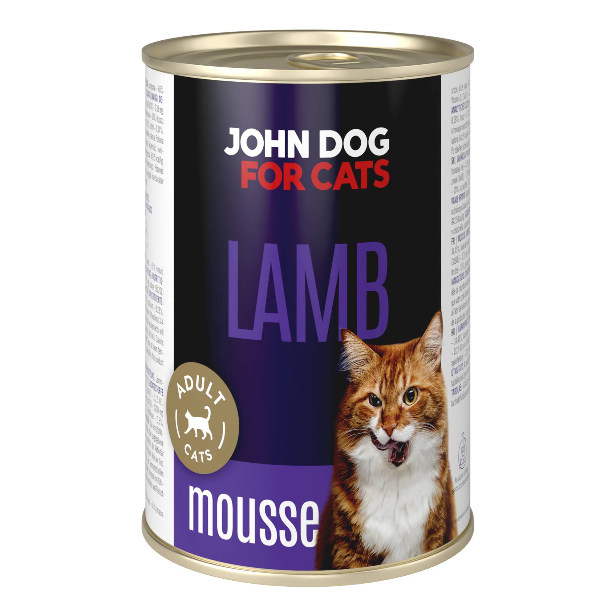 Karma mokra dla kota z jagnięciną w ciemnej puszce 400 g John Dog for Cats. Na etykiecie jest rudy kot, złote kółeczko oraz białe i granatowe napisy.