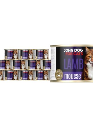 Karma mokra dla kota z jagnięciną w dwunastu ciemnych puszkach 200 g John Dog for Cats. Na etykietach jest rudy kot, złote kółeczko oraz białe i granatowe napisy.