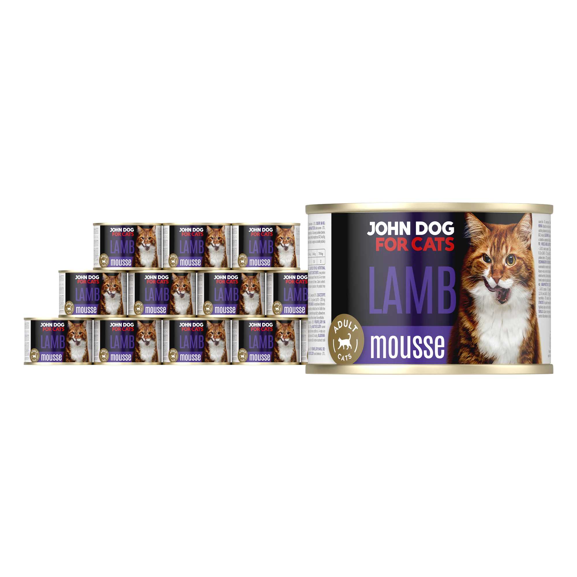 Karma mokra dla kota z jagnięciną w dwunastu ciemnych puszkach 200 g John Dog for Cats. Na etykietach jest rudy kot, złote kółeczko oraz białe i granatowe napisy.