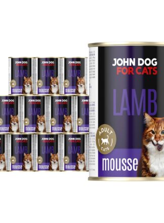 Karma mokra dla kota z jagnięciną w dwunastu ciemnych puszkach 400 g John Dog for Cats. Na etykietach jest rudy kot, złote kółeczko oraz białe i granatowe napisy.