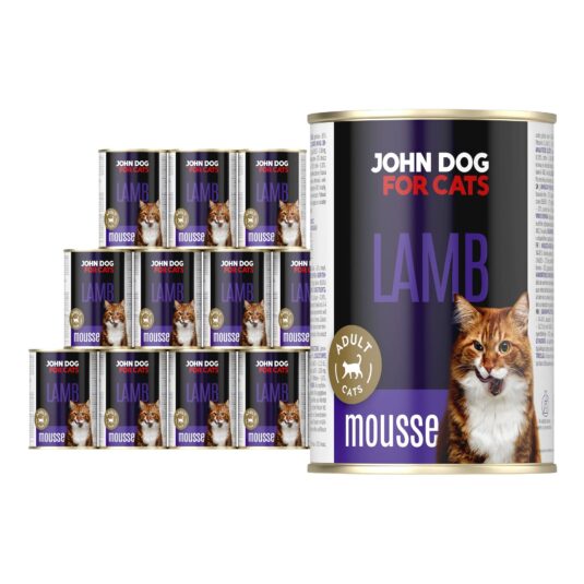 Karma mokra dla kota z jagnięciną w dwunastu ciemnych puszkach 400 g John Dog for Cats. Na etykietach jest rudy kot, złote kółeczko oraz białe i granatowe napisy.