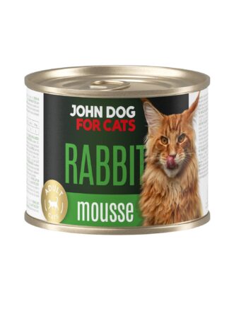 Karma mokra dla kota z królikiem w ciemnej puszce 200 g John Dog for Cats. Na etykiecie jest rudy kot, złote kółeczko oraz białe i zielone napisy.