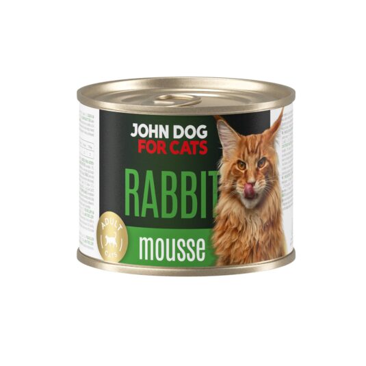 Karma mokra dla kota z królikiem w ciemnej puszce 200 g John Dog for Cats. Na etykiecie jest rudy kot, złote kółeczko oraz białe i zielone napisy.