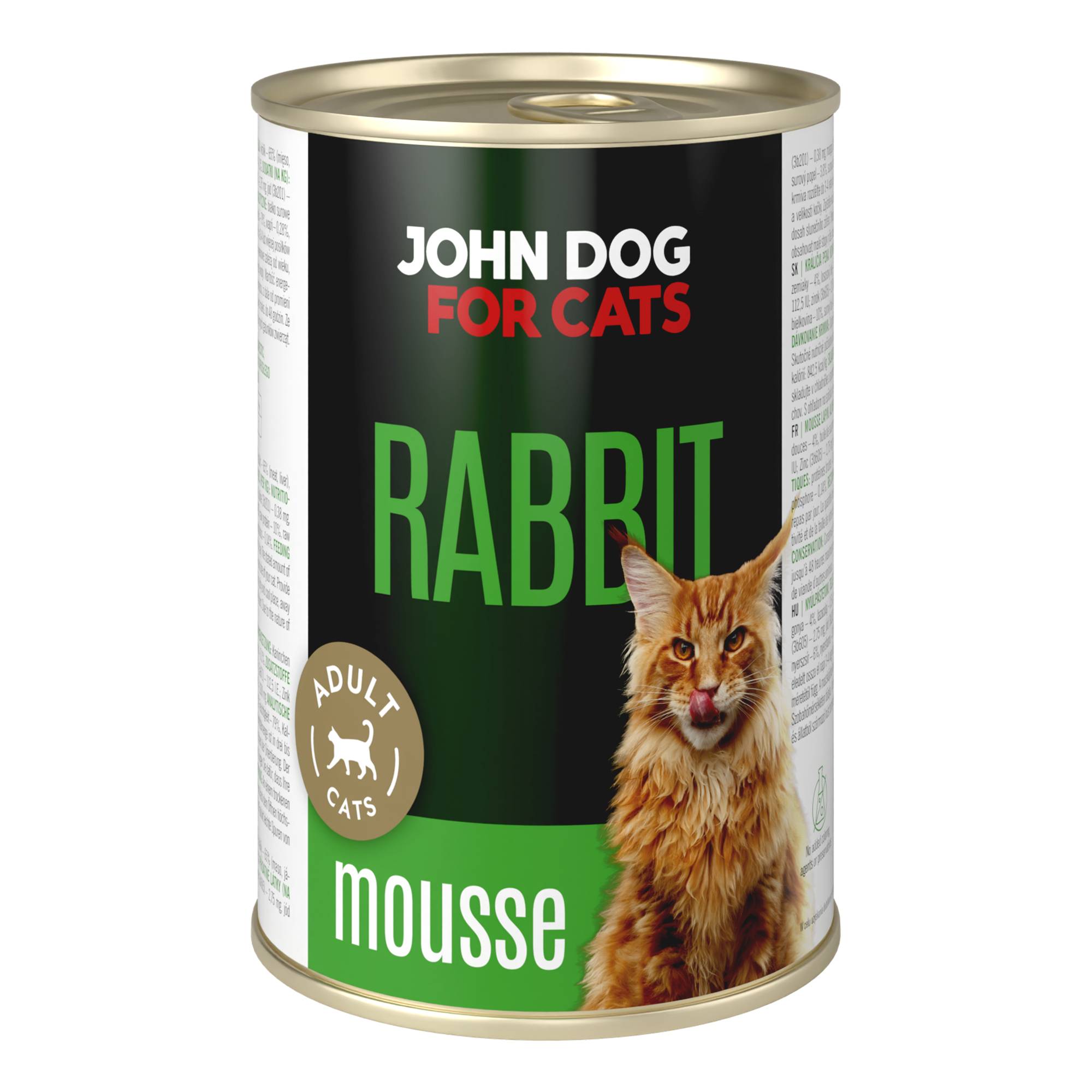 Karma mokra dla kota z królikiem w ciemnej puszce 400 g John Dog for Cats. Na etykiecie jest rudy kot, złote kółeczko oraz białe i zielone napisy.