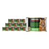 Karma mokra dla kota z królikiem w dwunastu ciemnych puszkach 200 g John Dog for Cats. Na etykietach jest rudy kot, złote kółeczko oraz białe i zielone napisy.