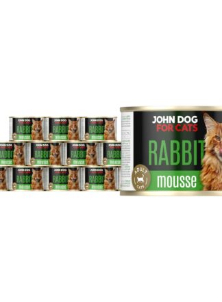 Karma mokra dla kota z królikiem w dwunastu ciemnych puszkach 200 g John Dog for Cats. Na etykietach jest rudy kot, złote kółeczko oraz białe i zielone napisy.