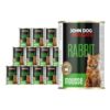 Karma mokra dla kota z królikiem w dwunastu ciemnych puszkach 400 g John Dog for Cats. Na etykietach jest rudy kot, złote kółeczko oraz białe i zielone napisy.