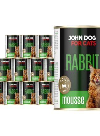 Karma mokra dla kota z królikiem w dwunastu ciemnych puszkach 400 g John Dog for Cats. Na etykietach jest rudy kot, złote kółeczko oraz białe i zielone napisy.