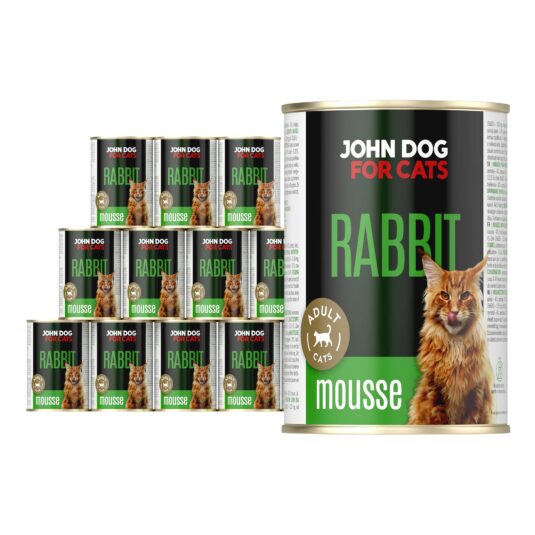 Karma mokra dla kota z królikiem w dwunastu ciemnych puszkach 400 g John Dog for Cats. Na etykietach jest rudy kot, złote kółeczko oraz białe i zielone napisy.