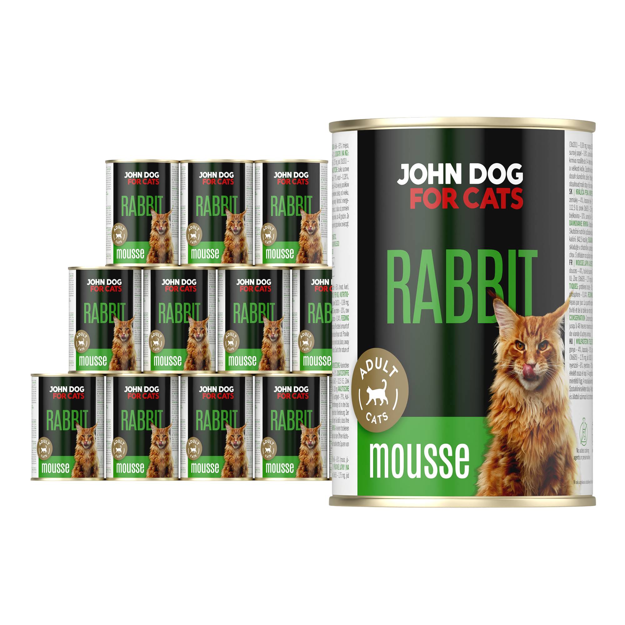 Karma mokra dla kota z królikiem w dwunastu ciemnych puszkach 400 g John Dog for Cats. Na etykietach jest rudy kot, złote kółeczko oraz białe i zielone napisy.