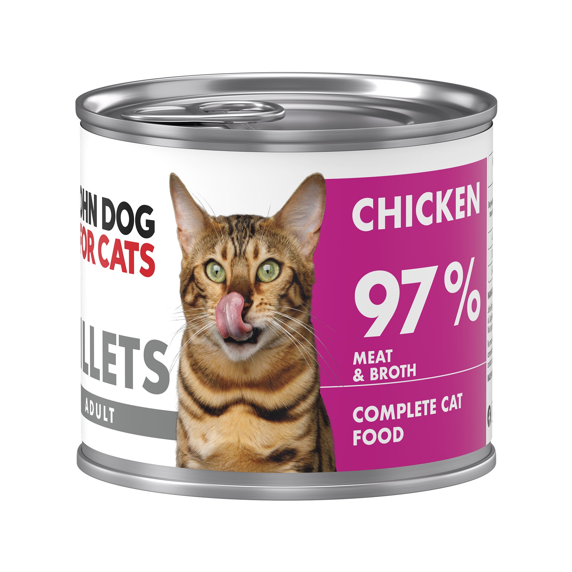 Srebrna puszka karmy dla kota John Dog for Cats Fillets 140 g z białą etykietą. Na etykiecie widoczny brązowy kot oraz napis na fuksjowym tle „Chicken 97% Meat & Broth”.