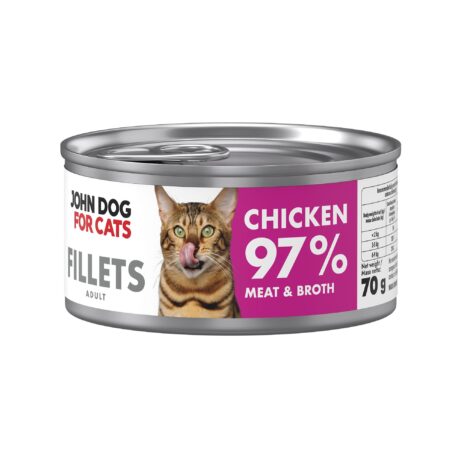 Srebrna puszka karmy dla kota John Dog for Cats Fillets 70 g z białą etykietą. Na etykiecie widoczny brązowy kot oraz napis na fuksjowym tle „Chicken 97% Meat & Broth”.