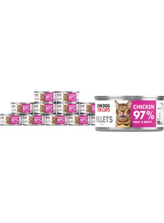 12 srebrnych puszek karmy dla kota John Dog for Cats Fillets 70 g z białymi etykietami. Na etykietach widoczny brązowy kot oraz napis na fuksjowym tle „Chicken 97% Meat & Broth”.
