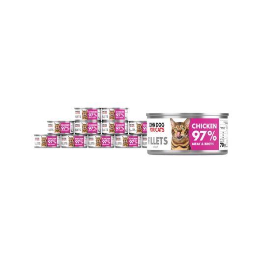 12 srebrnych puszek karmy dla kota John Dog for Cats Fillets 70 g z białymi etykietami. Na etykietach widoczny brązowy kot oraz napis na fuksjowym tle „Chicken 97% Meat & Broth”.
