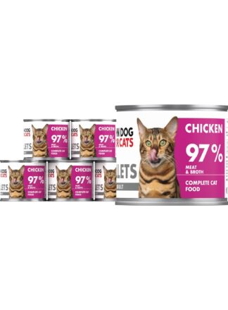 6 srebrnych puszek karmy dla kota John Dog for Cats Fillets 140 g z białymi etykietami. Na etykietach widoczny brązowy kot oraz napis na fuksjowym tle „Chicken 97% Meat & Broth”.