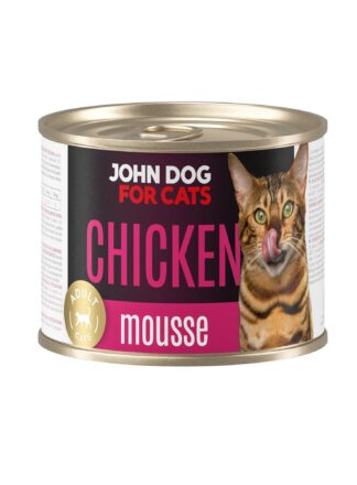 Karma mokra dla kota z kurczakiem w ciemnej puszce 200 g John Dog for Cats. Na etykiecie jest brązowy kot w ciemnobrązowe paski, złote kółeczko oraz białe i fioletowe napisy.