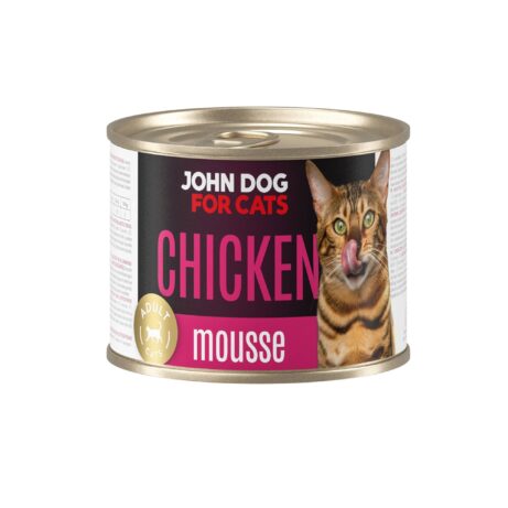Karma mokra dla kota z kurczakiem w ciemnej puszce 200 g John Dog for Cats. Na etykiecie jest brązowy kot w ciemnobrązowe paski, złote kółeczko oraz białe i fioletowe napisy.