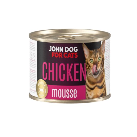 Karma mokra dla kota z kurczakiem w ciemnej puszce 200 g John Dog for Cats. Na etykiecie jest brązowy kot w ciemnobrązowe paski, złote kółeczko oraz białe i fioletowe napisy.