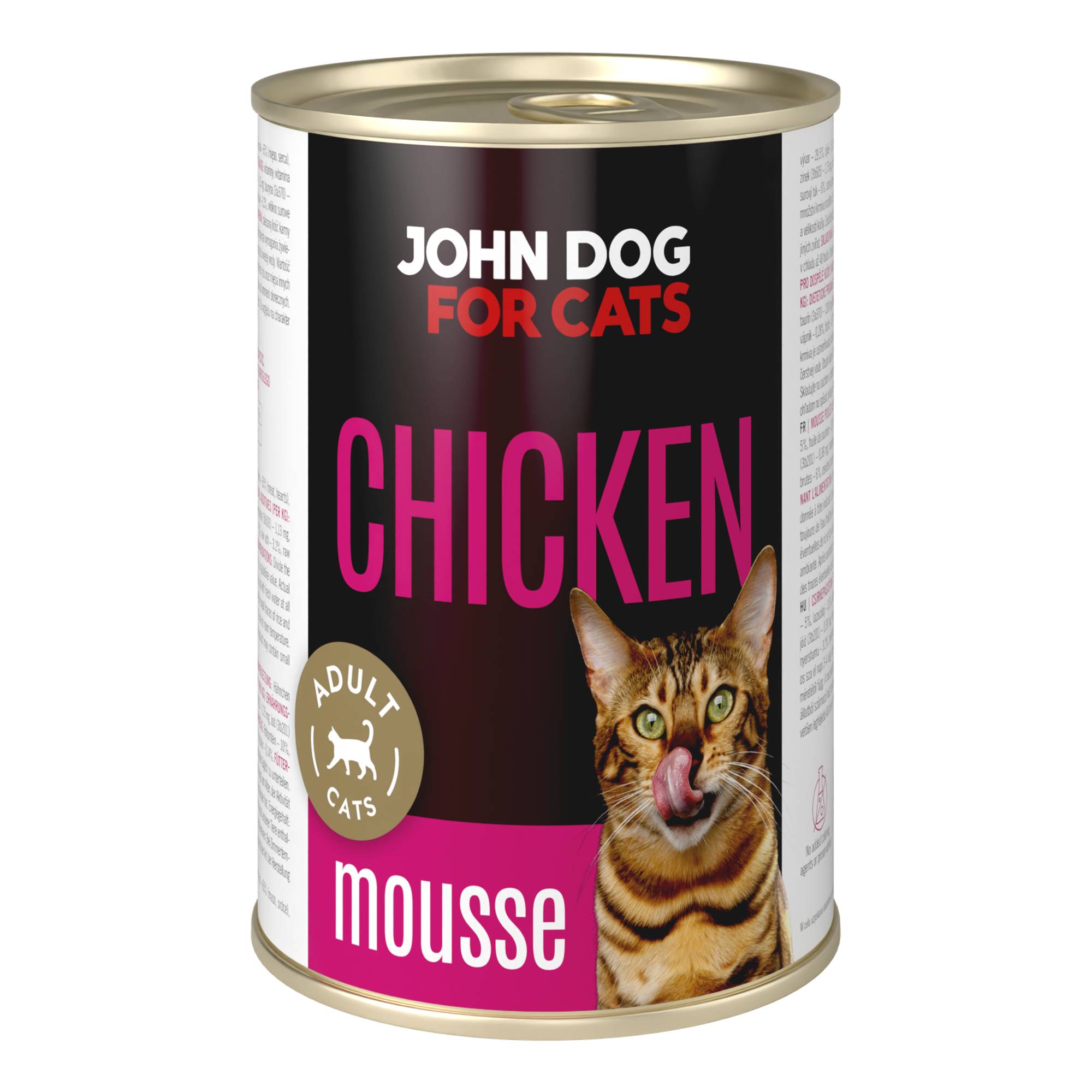 Karma mokra dla kota z kurczakiem w ciemnej puszce 400 g John Dog for Cats. Na etykiecie jest brązowy kot w ciemnobrązowe paski, złote kółeczko oraz białe i fioletowe napisy.