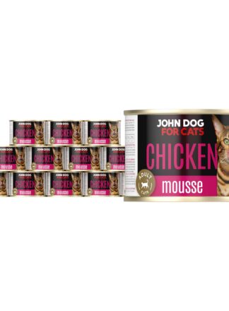 Karma mokra dla kota z kurczakiem w dwunastu ciemnych puszkach 200 g John Dog for Cats. Na etykietach jest brązowy kot w ciemnobrązowe paski, złote kółeczko oraz białe i fioletowe napisy.