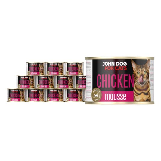 Karma mokra dla kota z kurczakiem w dwunastu ciemnych puszkach 200 g John Dog for Cats. Na etykietach jest brązowy kot w ciemnobrązowe paski, złote kółeczko oraz białe i fioletowe napisy.