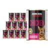 Karma mokra dla kota z kurczakiem w dwunastu ciemnych puszkach 400 g John Dog for Cats. Na etykietach jest brązowy kot w ciemnobrązowe paski, złote kółeczko oraz białe i fioletowe napisy.