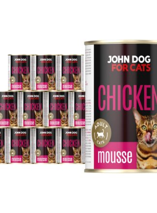 Karma mokra dla kota z kurczakiem w dwunastu ciemnych puszkach 400 g John Dog for Cats. Na etykietach jest brązowy kot w ciemnobrązowe paski, złote kółeczko oraz białe i fioletowe napisy.