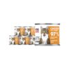 Srebrna puszka karmy dla kota John Dog for Cats Fillets 140 g z białą etykietą. Na etykiecie widoczny bury kot oraz napis na pomarańczowo-musztardowym tle „Chicken with shrimps 97% Meat & Shrimps & Broth”.