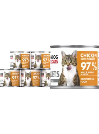 Srebrna puszka karmy dla kota John Dog for Cats Fillets 140 g z białą etykietą. Na etykiecie widoczny bury kot oraz napis na pomarańczowo-musztardowym tle „Chicken with shrimps 97% Meat & Shrimps & Broth”.