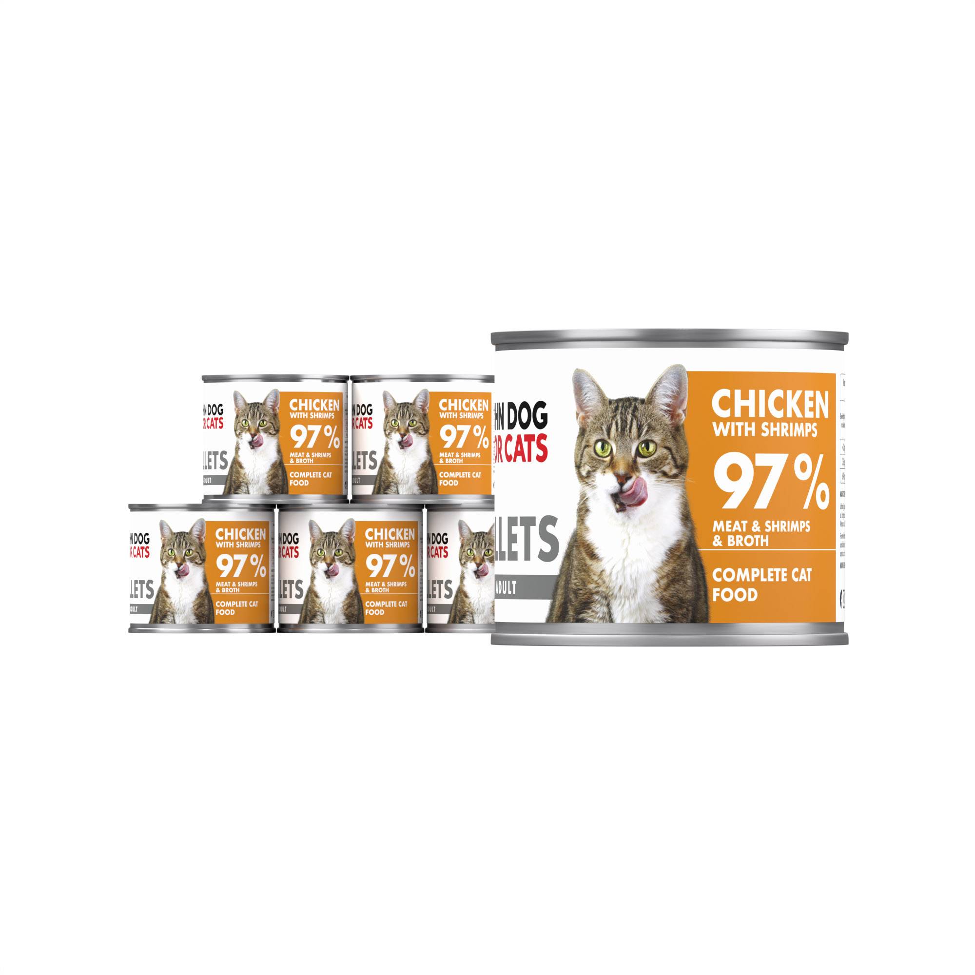 Srebrna puszka karmy dla kota John Dog for Cats Fillets 140 g z białą etykietą. Na etykiecie widoczny bury kot oraz napis na pomarańczowo-musztardowym tle „Chicken with shrimps 97% Meat & Shrimps & Broth”.