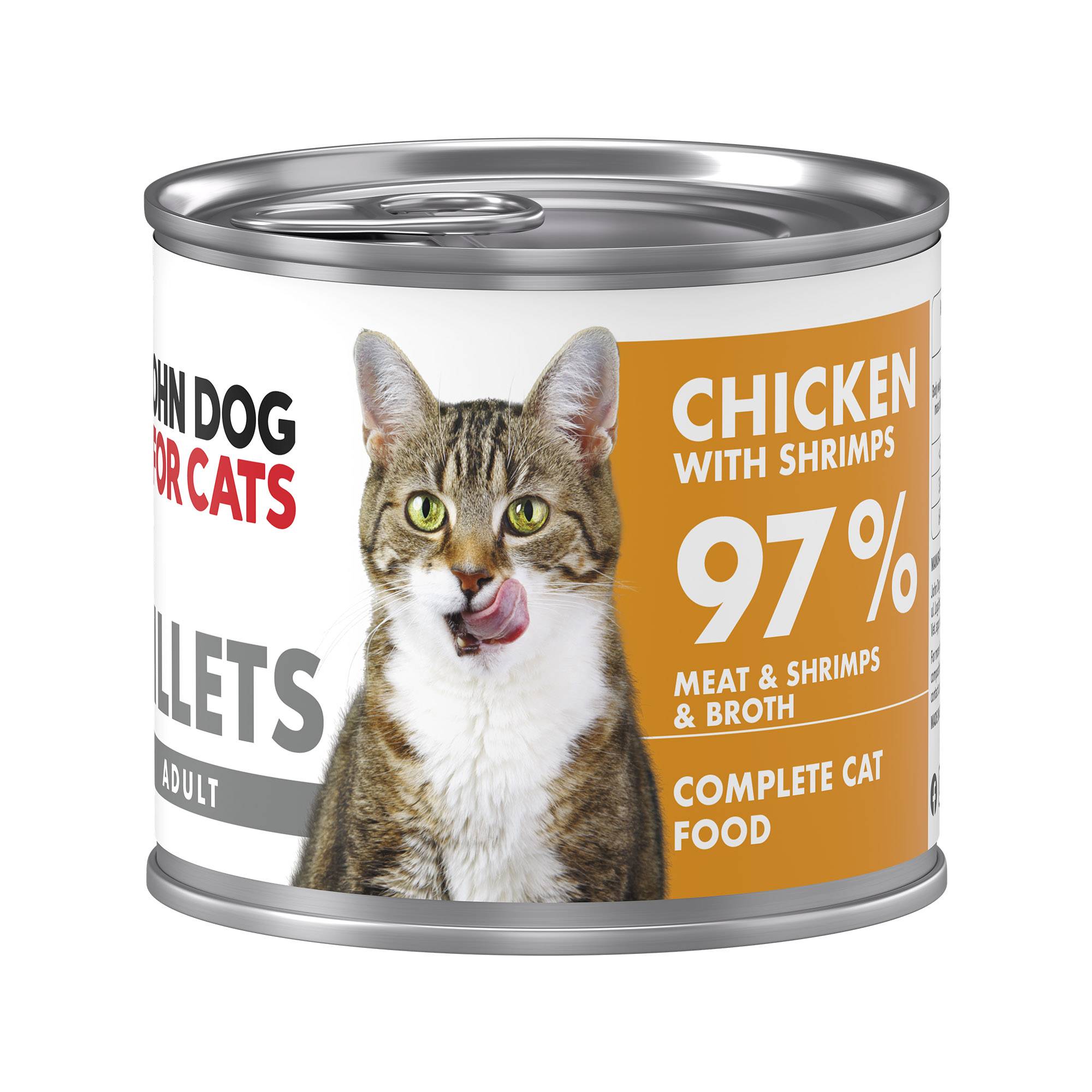 6 srebrnych puszek karmy dla kota John Dog for Cats Fillets 140 g z białymi etykietami. Na etykietach widoczny bury kot oraz napis na pomarańczowo-musztardowym tle „Chicken with shrimps 97% Meat & Shrimps & Broth”.