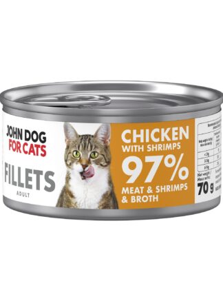 Srebrna puszka karmy dla kota John Dog for Cats Fillets 70 g z białą etykietą. Na etykiecie widoczny bury kot oraz napis na pomarańczowo-musztardowym tle „Chicken with shrimps 97% Meat & Shrimps & Broth”.