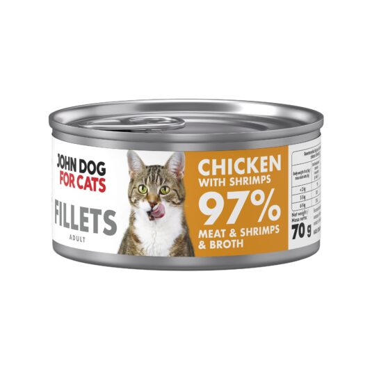 Srebrna puszka karmy dla kota John Dog for Cats Fillets 70 g z białą etykietą. Na etykiecie widoczny bury kot oraz napis na pomarańczowo-musztardowym tle „Chicken with shrimps 97% Meat & Shrimps & Broth”.
