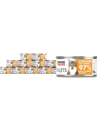 12 srebrnych puszek karmy dla kota John Dog for Cats Fillets 70 g z białymi etykietami. Na etykietach widoczny bury kot oraz napis na pomarańczowo-musztardowym tle „Chicken with shrimps 97% Meat & Shrimps & Broth”.