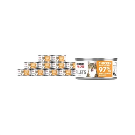 12 srebrnych puszek karmy dla kota John Dog for Cats Fillets 70 g z białymi etykietami. Na etykietach widoczny bury kot oraz napis na pomarańczowo-musztardowym tle „Chicken with shrimps 97% Meat & Shrimps & Broth”.