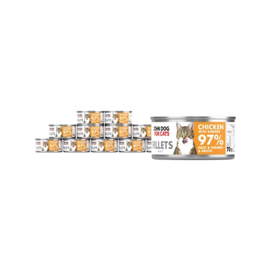 12 srebrnych puszek karmy dla kota John Dog for Cats Fillets 70 g z białymi etykietami. Na etykietach widoczny bury kot oraz napis na pomarańczowo-musztardowym tle „Chicken with shrimps 97% Meat & Shrimps & Broth”.