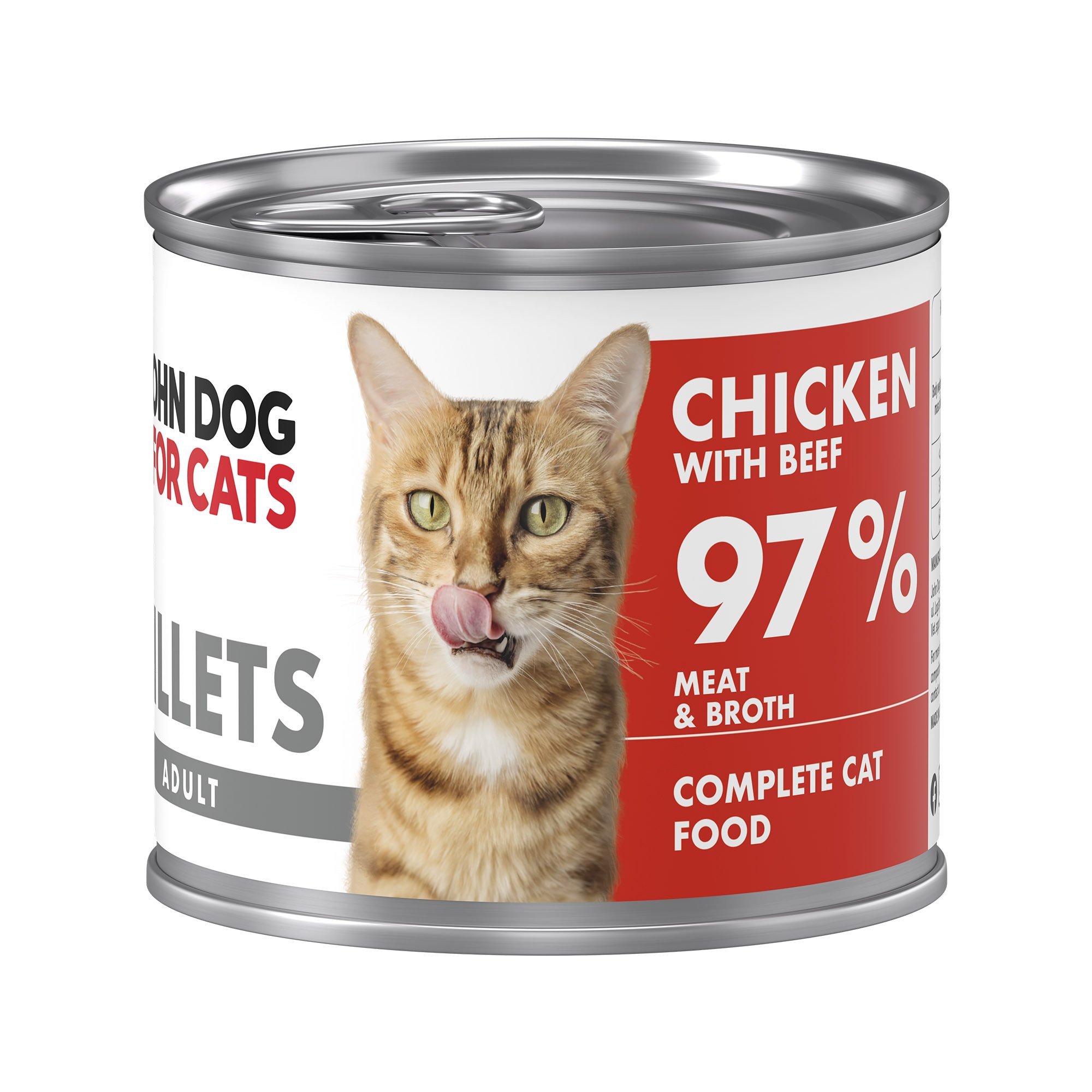 Srebrna puszka karmy dla kota John Dog for Cats Fillets 140 g z białą etykietą. Na etykiecie widoczny rudy kot oraz napis na czerwonym tle „Chicken with beef 97% Meat & Broth”.