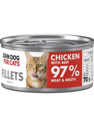 Srebrna puszka karmy dla kota John Dog for Cats Fillets 70 g z białą etykietą. Na etykiecie widoczny rudy kot oraz napis na czerwonym tle „Chicken with beef 97% Meat & Broth”.