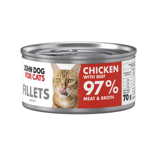 Srebrna puszka karmy dla kota John Dog for Cats Fillets 70 g z białą etykietą. Na etykiecie widoczny rudy kot oraz napis na czerwonym tle „Chicken with beef 97% Meat & Broth”.