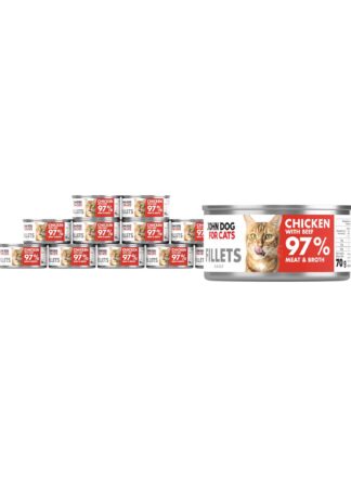 12 srebrnych puszek karmy dla kota John Dog for Cats Fillets 70 g z białymi etykietami. Na etykietach widoczny rudy kot oraz napis na czerwonym tle „Chicken with beef 97% Meat & Broth”.