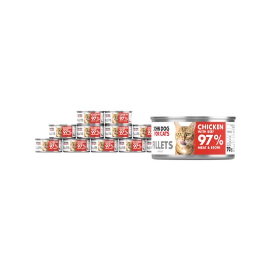 12 srebrnych puszek karmy dla kota John Dog for Cats Fillets 70 g z białymi etykietami. Na etykietach widoczny rudy kot oraz napis na czerwonym tle „Chicken with beef 97% Meat & Broth”.