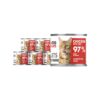 6 srebrnych puszek karmy dla kota John Dog for Cats Fillets 140 g z białymi etykietami. Na etykietach widoczny rudy kot oraz napis na czerwonym tle „Chicken with beef 97% Meat & Broth”.